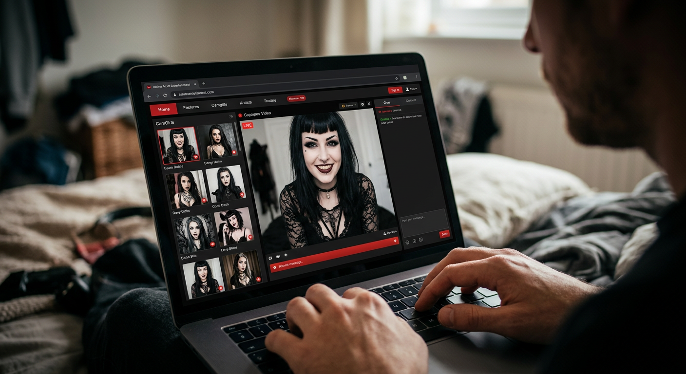 Ein Bildschirm zeigt die Fundorado-Plattform mit einer verführerischen Gothic-Camgirl im Live-Stream, bereit für private Interaktionen.